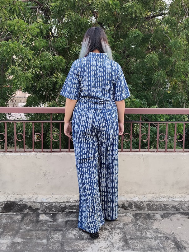 White Indigo Lines Hand Block Printed Coordinated Set with Shirt and Flared Pants