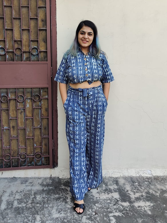 White Indigo Lines Hand Block Printed Coordinated Set with Shirt and Flared Pants