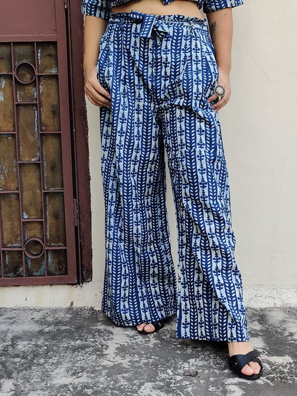 White Indigo Lines Hand Block Printed Coordinated Set with Shirt and Flared Pants