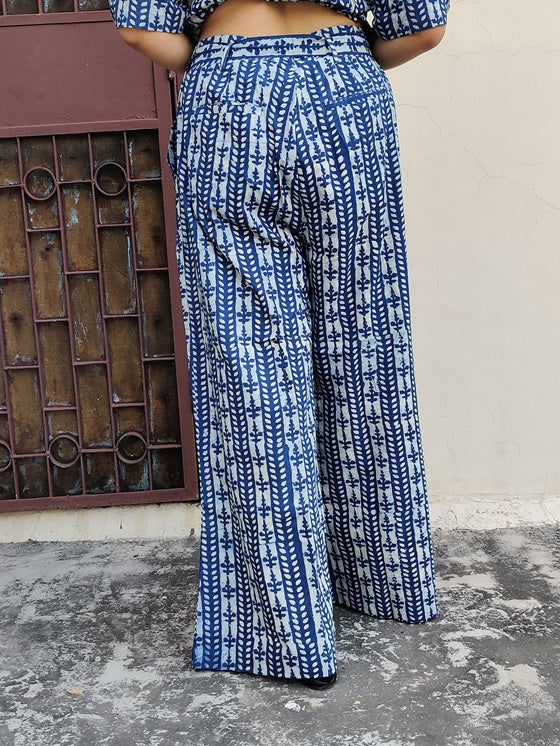 White Indigo Lines Hand Block Printed Coordinated Set with Shirt and Flared Pants