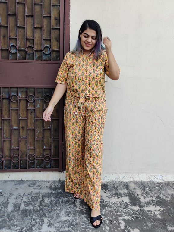 Yellow Red Floral Hand Block Printed Coordinated Set with Shirt and Flared Pants