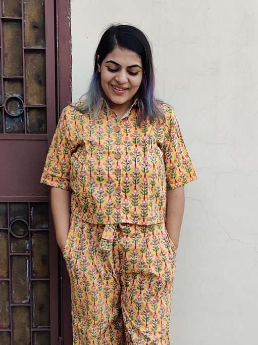 Yellow Red Floral Hand Block Printed Coordinated Set with Shirt and Flared Pants