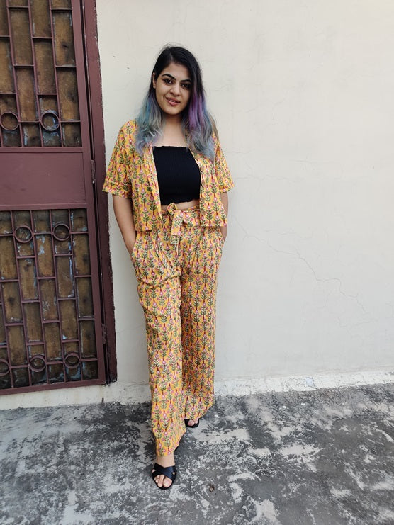 Yellow Red Floral Hand Block Printed Coordinated Set with Shirt and Flared Pants