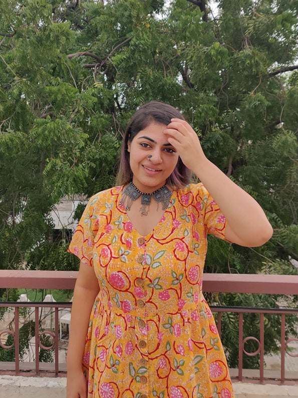 Inaki Hand Block Printed Knee Length Tiered Button Down Dress