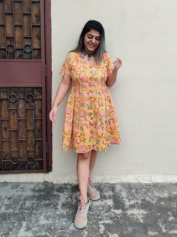 Inaki Hand Block Printed Knee Length Tiered Button Down Dress