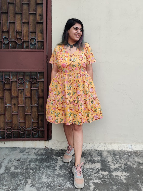 Inaki Hand Block Printed Knee Length Tiered Button Down Dress