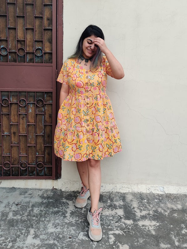 Inaki Hand Block Printed Knee Length Tiered Button Down Dress