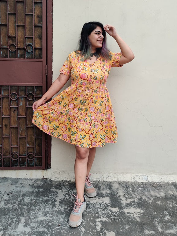 Inaki Hand Block Printed Knee Length Tiered Button Down Dress