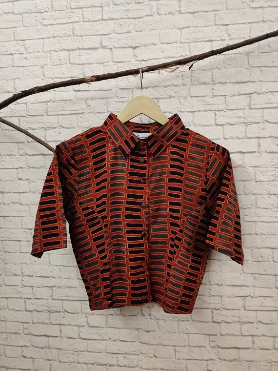 Red Boxes Ajrakh Hand Block Printed Crop Top Shirt Blouse