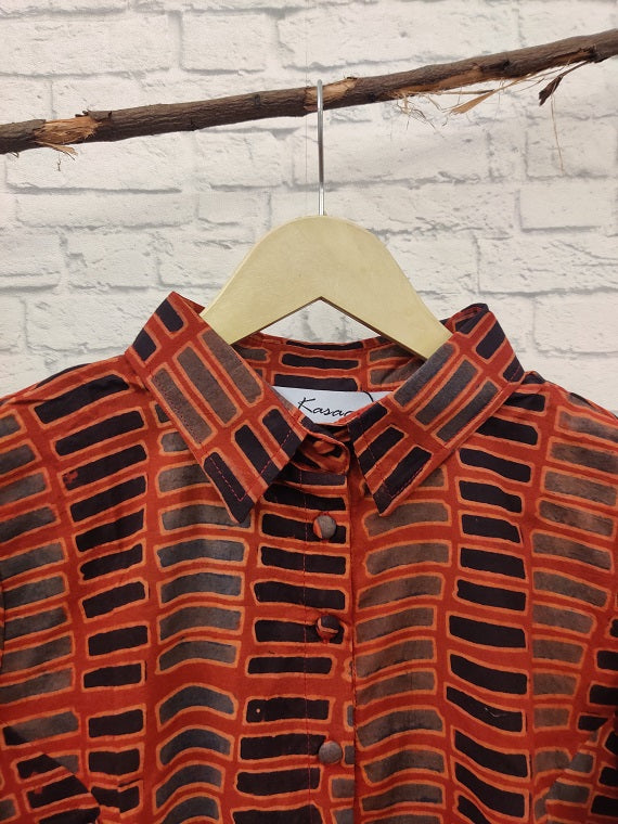 Red Boxes Ajrakh Hand Block Printed Crop Top Shirt Blouse