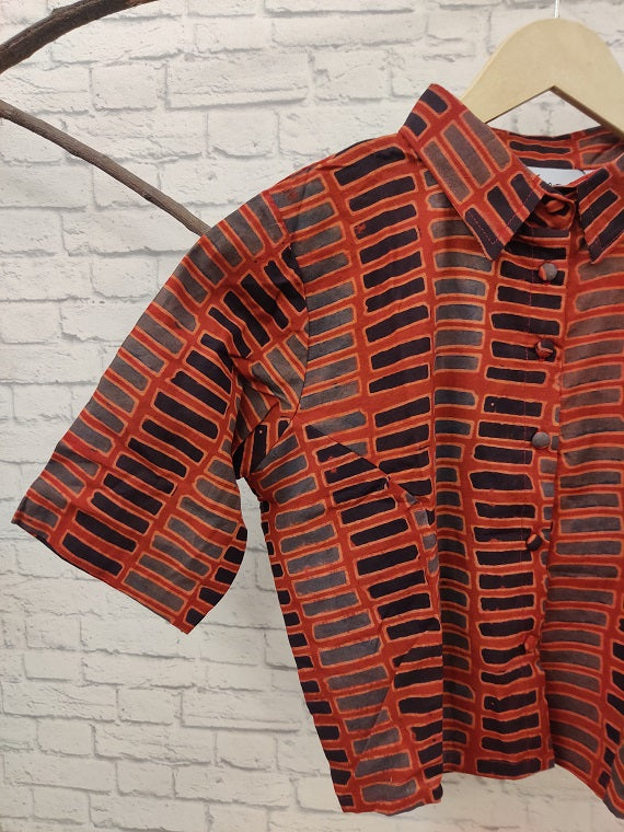 Red Boxes Ajrakh Hand Block Printed Crop Top Shirt Blouse