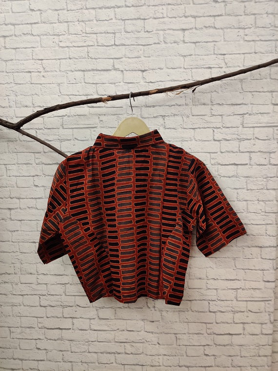 Red Boxes Ajrakh Hand Block Printed Crop Top Shirt Blouse