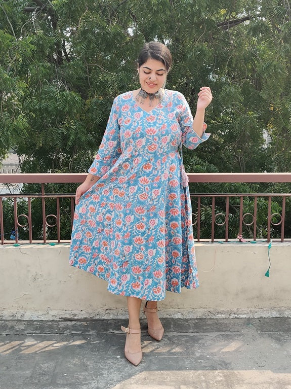 Azalea Cotton Hand Block Printed Angrakha Dress