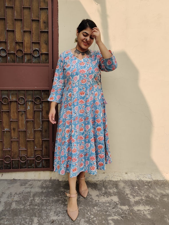 Azalea Cotton Hand Block Printed Angrakha Dress