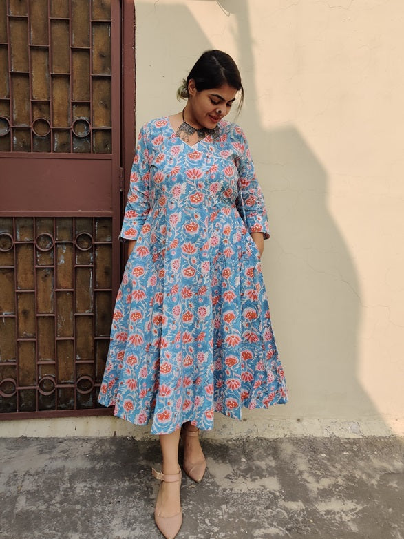 Azalea Cotton Hand Block Printed Angrakha Dress