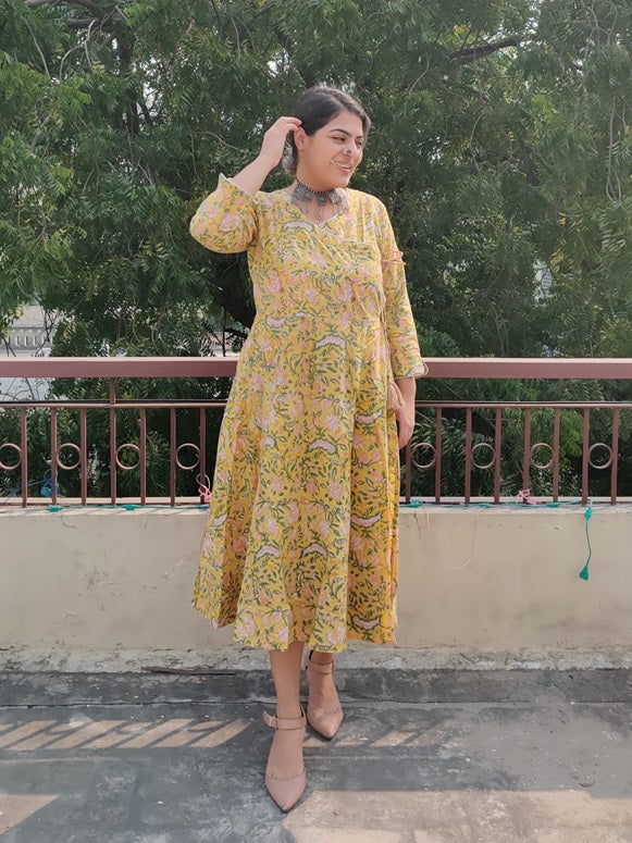 Dajshi Cotton Hand Block Printed Angrakha Dress