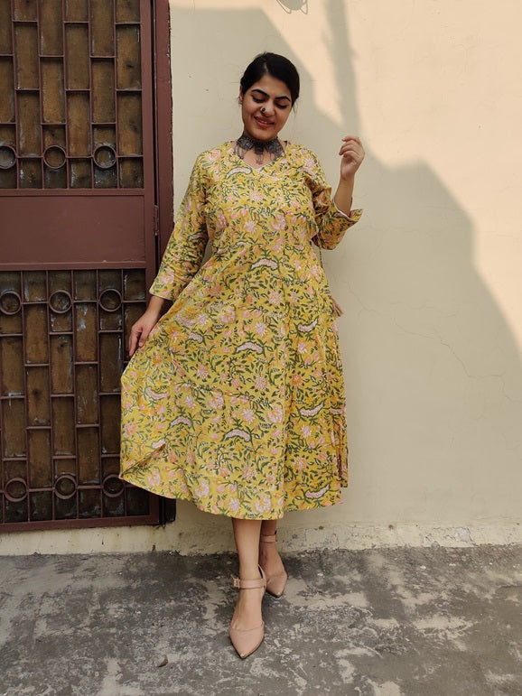 Dajshi Cotton Hand Block Printed Angrakha Dress