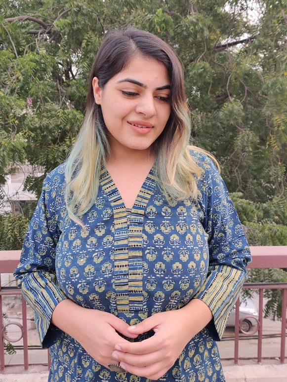 Indigo Green Ajrakh Dual Fabric Cotton Short Kurti
