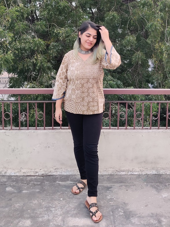 Olive Green Dabu Hand Block Printed Top with Bell Sleeves