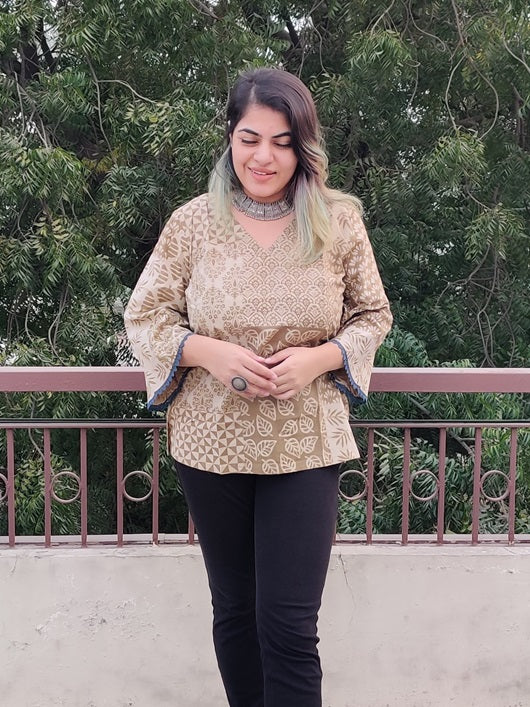 Olive Green Dabu Hand Block Printed Top with Bell Sleeves