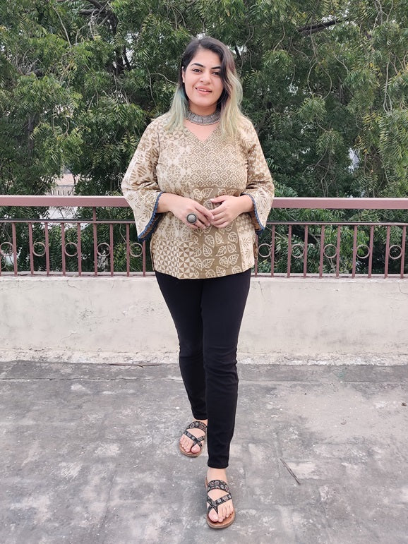 Olive Green Dabu Hand Block Printed Top with Bell Sleeves