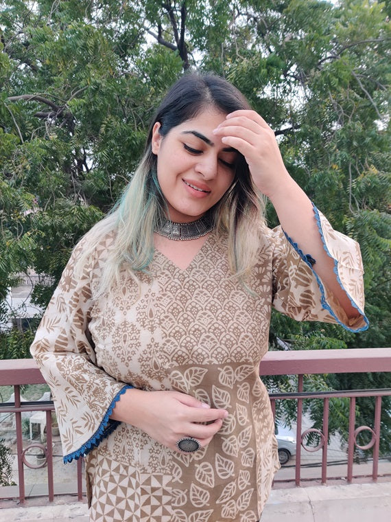 Olive Green Dabu Hand Block Printed Top with Bell Sleeves