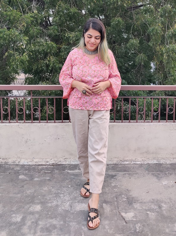 Pink Orange Floral Hand Block Printed Top with Bell Sleeves