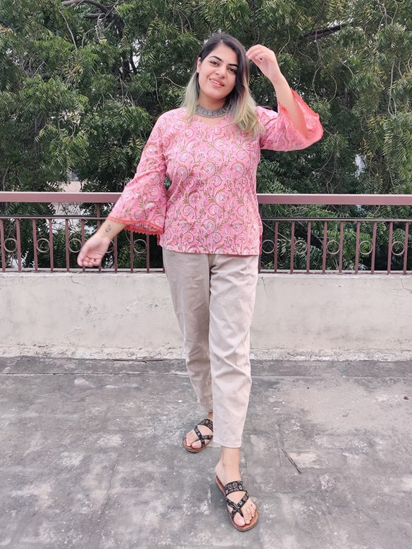 Pink Orange Floral Hand Block Printed Top with Bell Sleeves