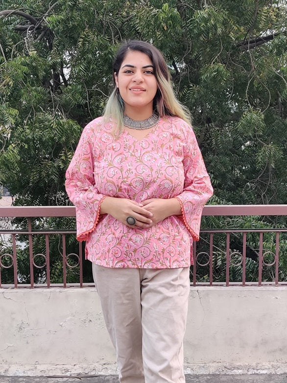 Pink Orange Floral Hand Block Printed Top with Bell Sleeves