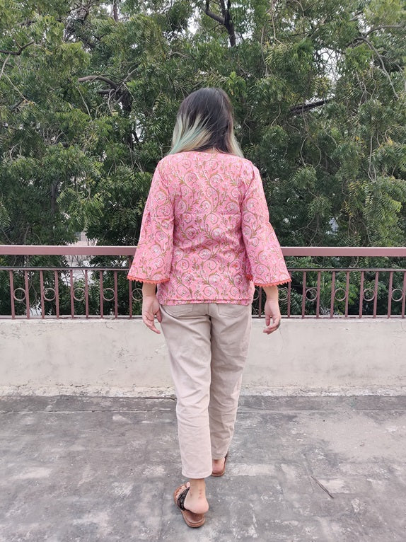Pink Orange Floral Hand Block Printed Top with Bell Sleeves