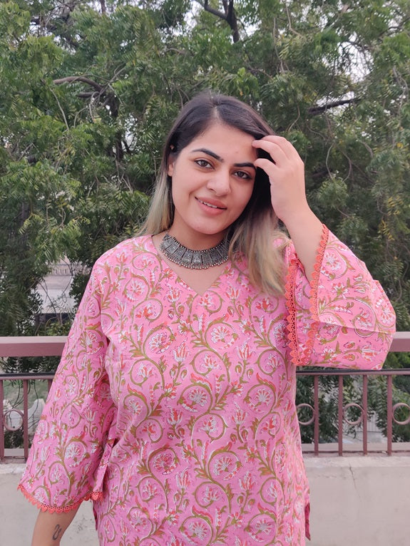 Pink Orange Floral Hand Block Printed Top with Bell Sleeves