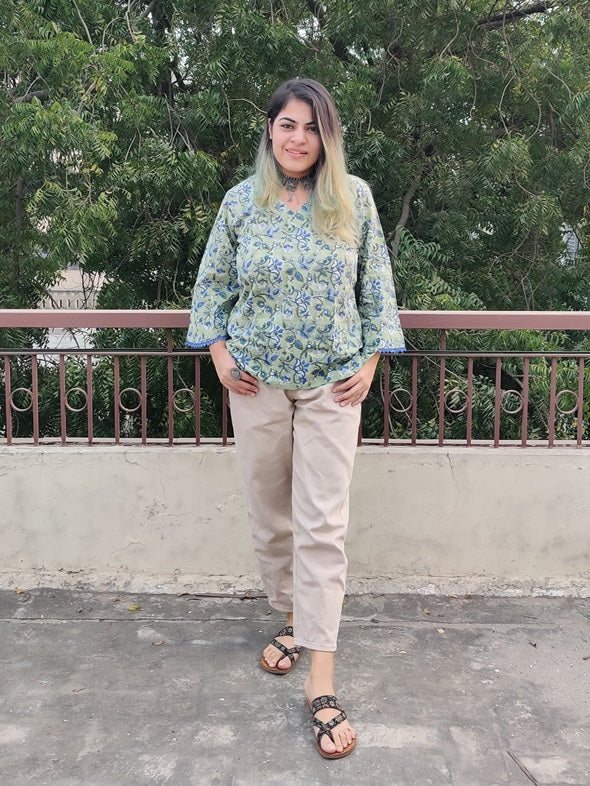 Blue Green Floral Hand Block Printed Top with Bell Sleeves