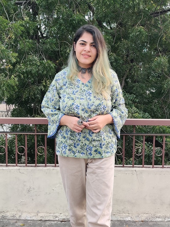 Blue Green Floral Hand Block Printed Top with Bell Sleeves