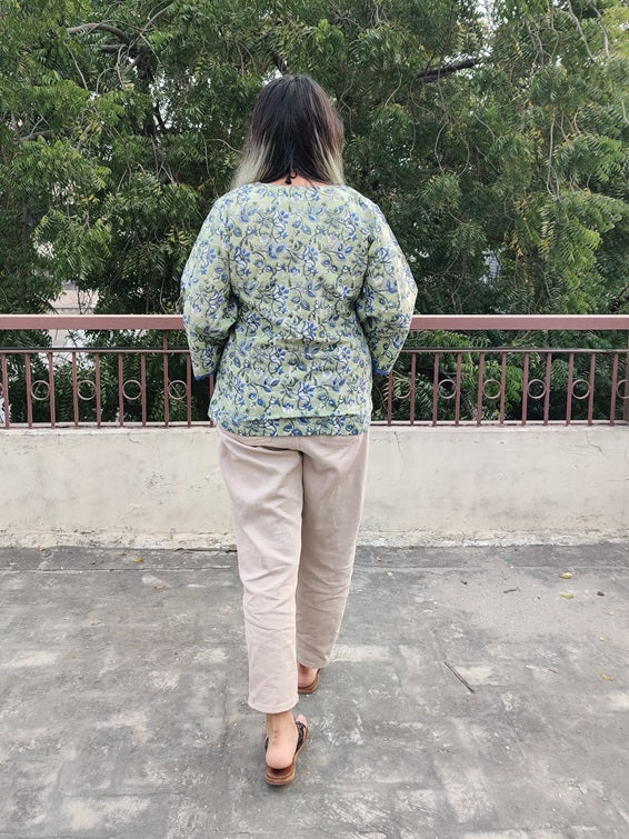 Blue Green Floral Hand Block Printed Top with Bell Sleeves