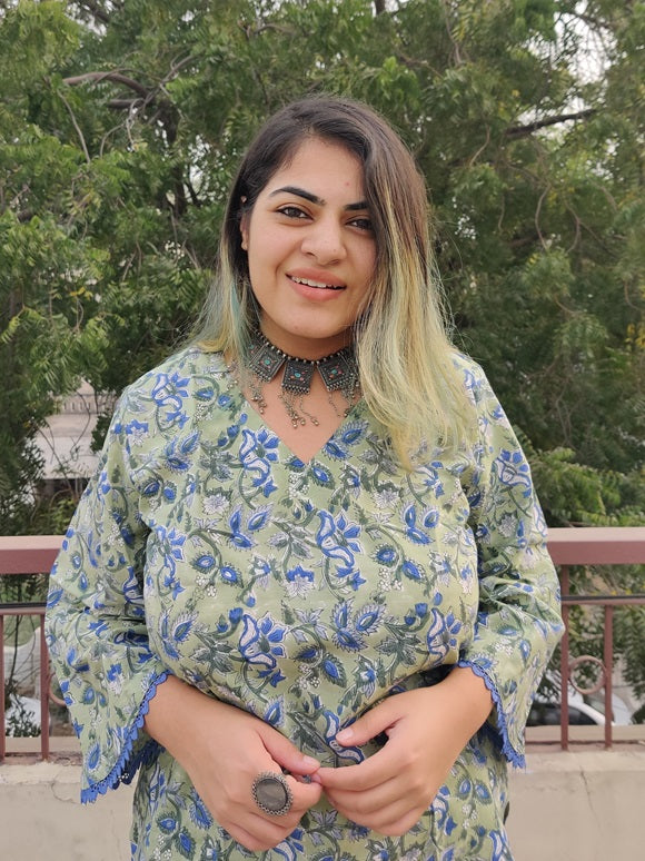 Blue Green Floral Hand Block Printed Top with Bell Sleeves