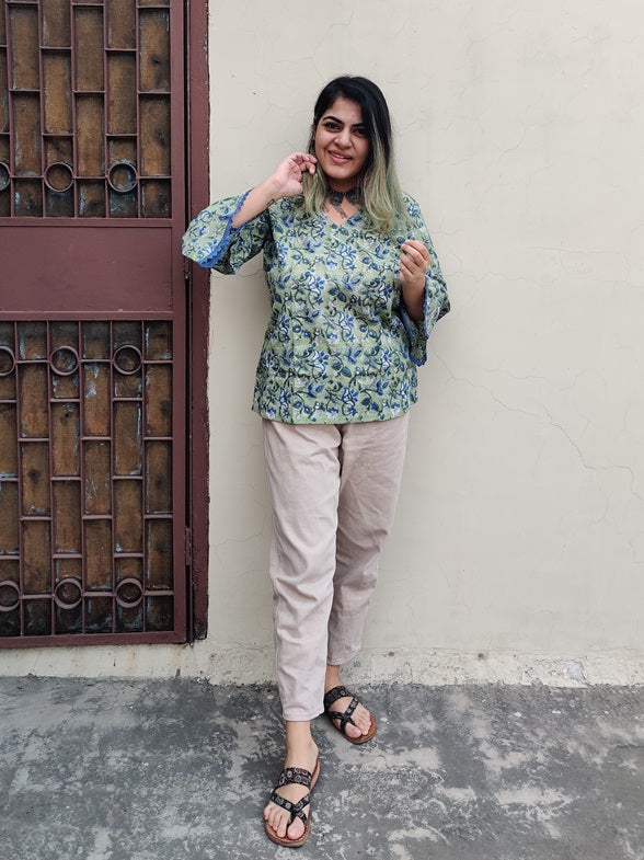 Blue Green Floral Hand Block Printed Top with Bell Sleeves