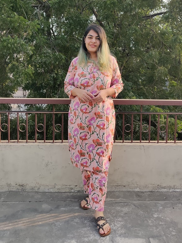 Pink Floral Hand Block Printed Coordinated Kurta Set