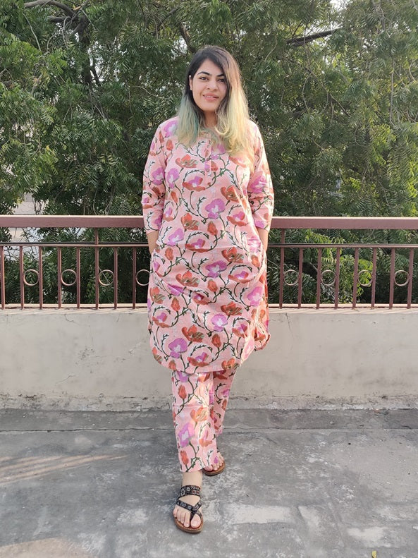 Pink Floral Hand Block Printed Coordinated Kurta Set