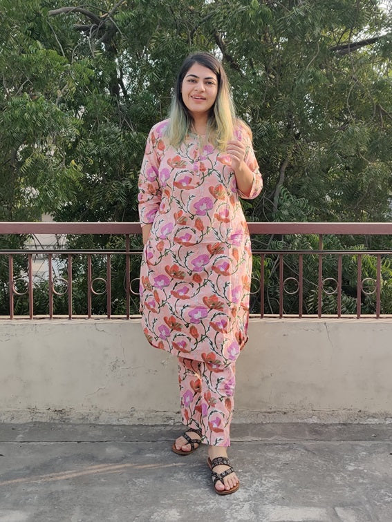 Pink Floral Hand Block Printed Coordinated Kurta Set