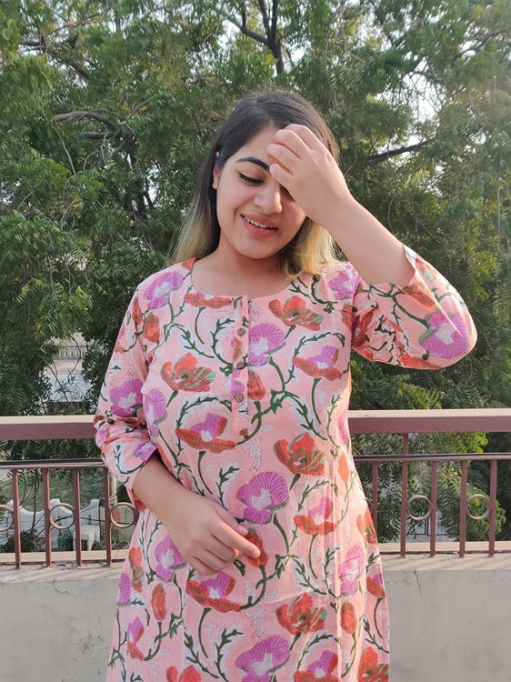 Pink Floral Hand Block Printed Coordinated Kurta Set