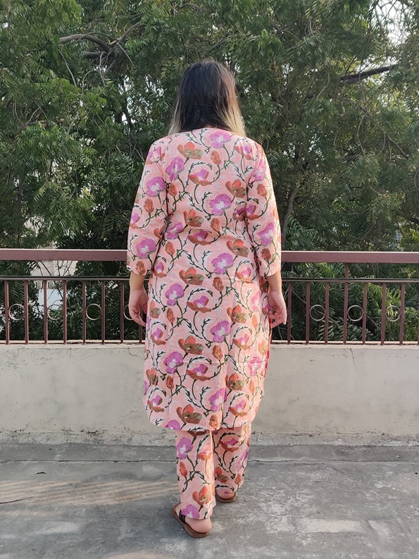 Pink Floral Hand Block Printed Coordinated Kurta Set