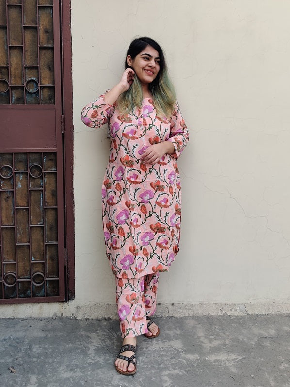 Pink Floral Hand Block Printed Coordinated Kurta Set