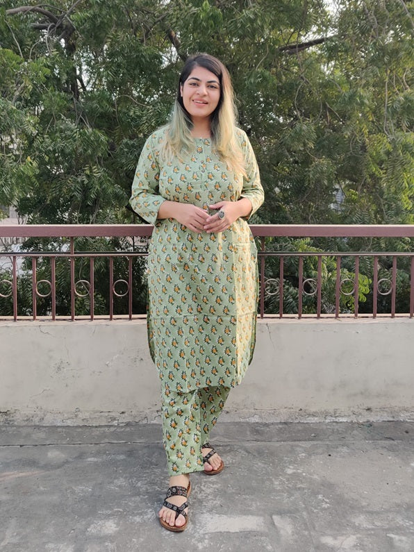 Green Yellow Floral Hand Block Printed Coordinated Kurta Set