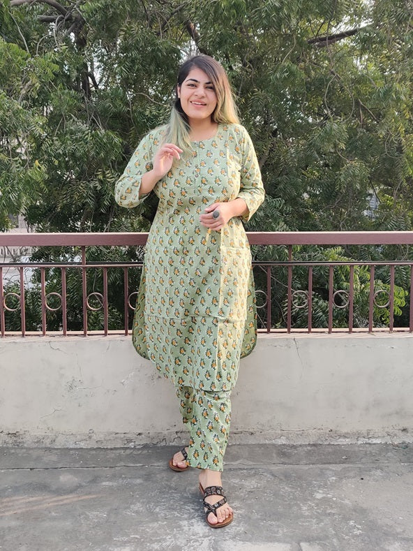 Green Yellow Floral Hand Block Printed Coordinated Kurta Set