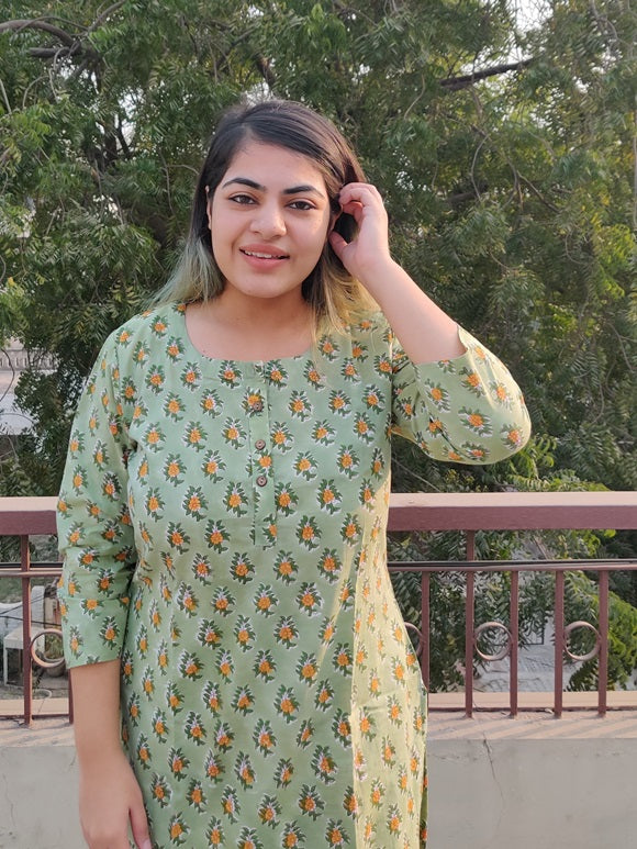 Green Yellow Floral Hand Block Printed Coordinated Kurta Set
