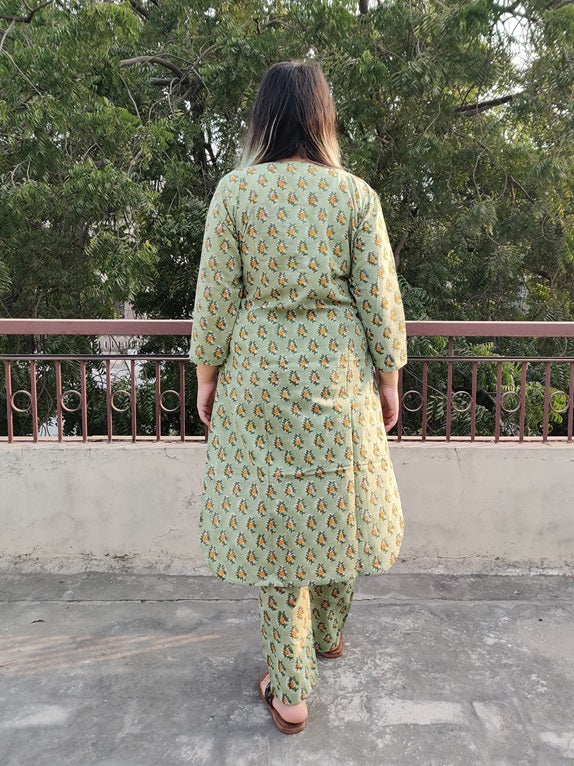 Green Yellow Floral Hand Block Printed Coordinated Kurta Set