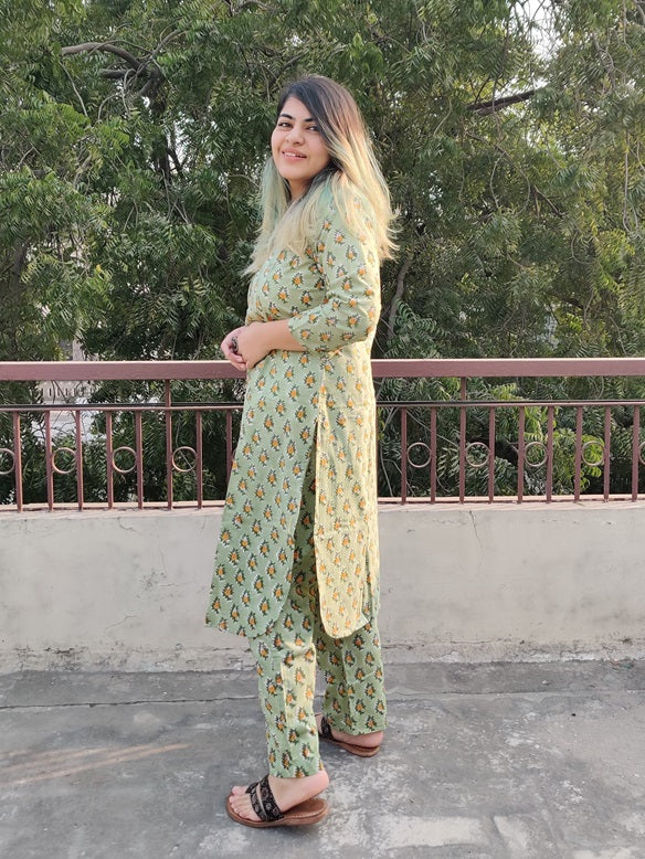 Green Yellow Floral Hand Block Printed Coordinated Kurta Set