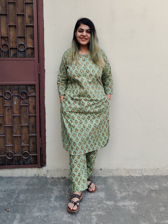 Green Yellow Floral Hand Block Printed Coordinated Kurta Set