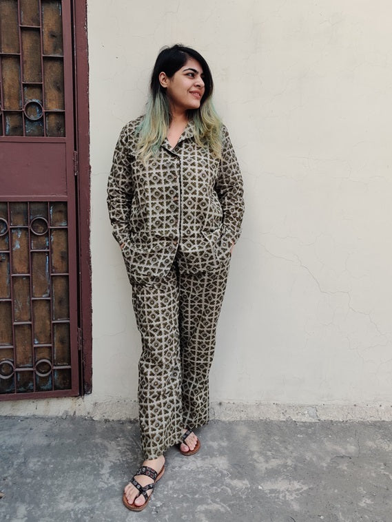 Olive Green Geometric Hand Block Printed Cotton Lounge Wear Coord Set
