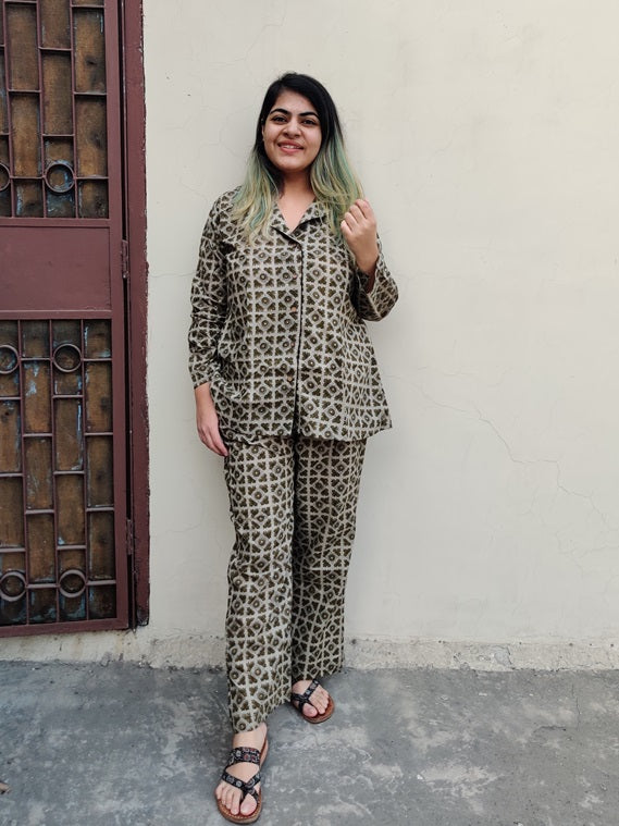 Olive Green Geometric Hand Block Printed Cotton Lounge Wear Coord Set